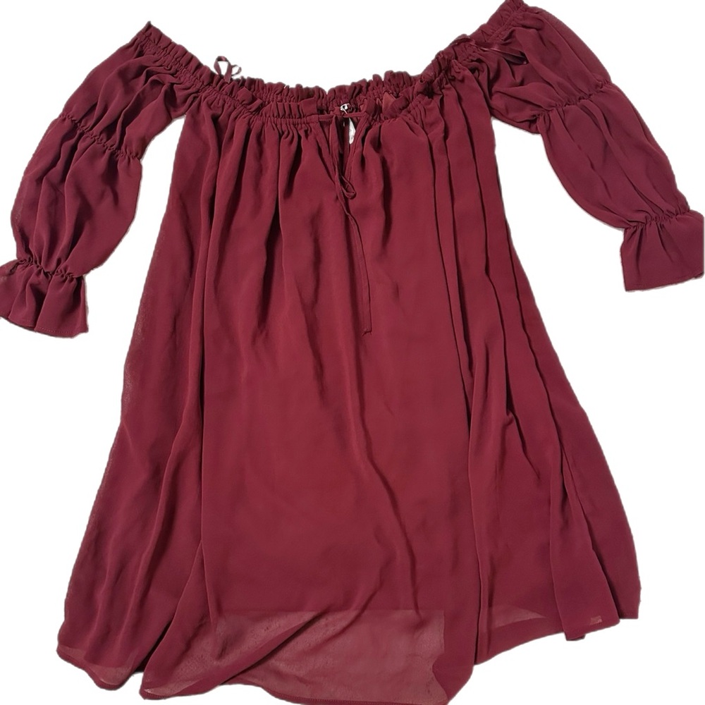 Romantic Burgundy Off Shoulder Gathered Poet Long Sleeve Chiffon Mini Dress